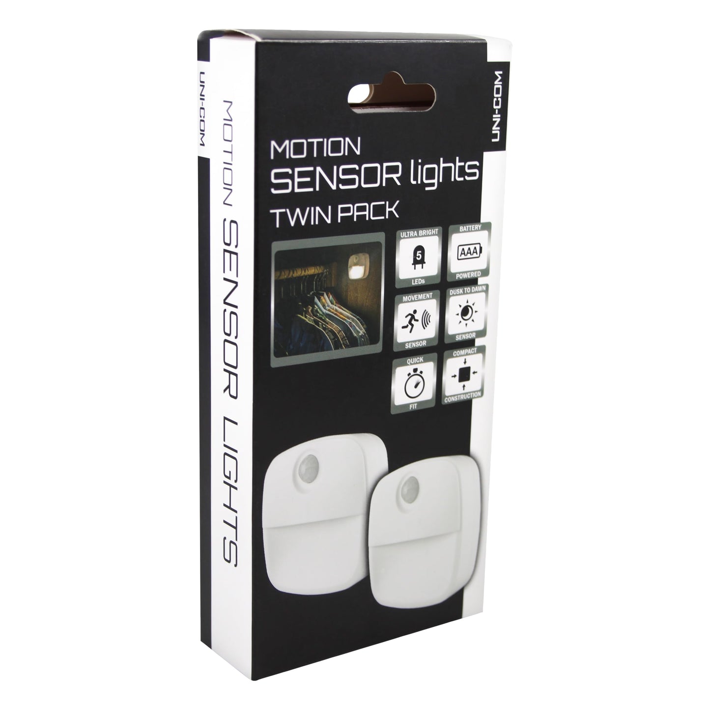 Uni-Com Motion Sensor Light, Battery Powered, Multi-Purpose, Stick on, Wireless Lights for Hallways, Lofts, Cupboards & Basements – 2 Pack
