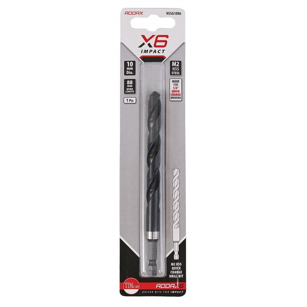 PACK OF 1 x TIMCO ADDAX (X6) IMPACT QUICK CHANGE DRILL BIT 1/4" DRIVER 10mm HSS STEEL