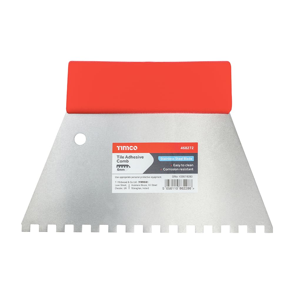 TIMCO - Tile Adhesive Comb (6mm Square Notch, Stainless Steel Blade, Wood Handle)