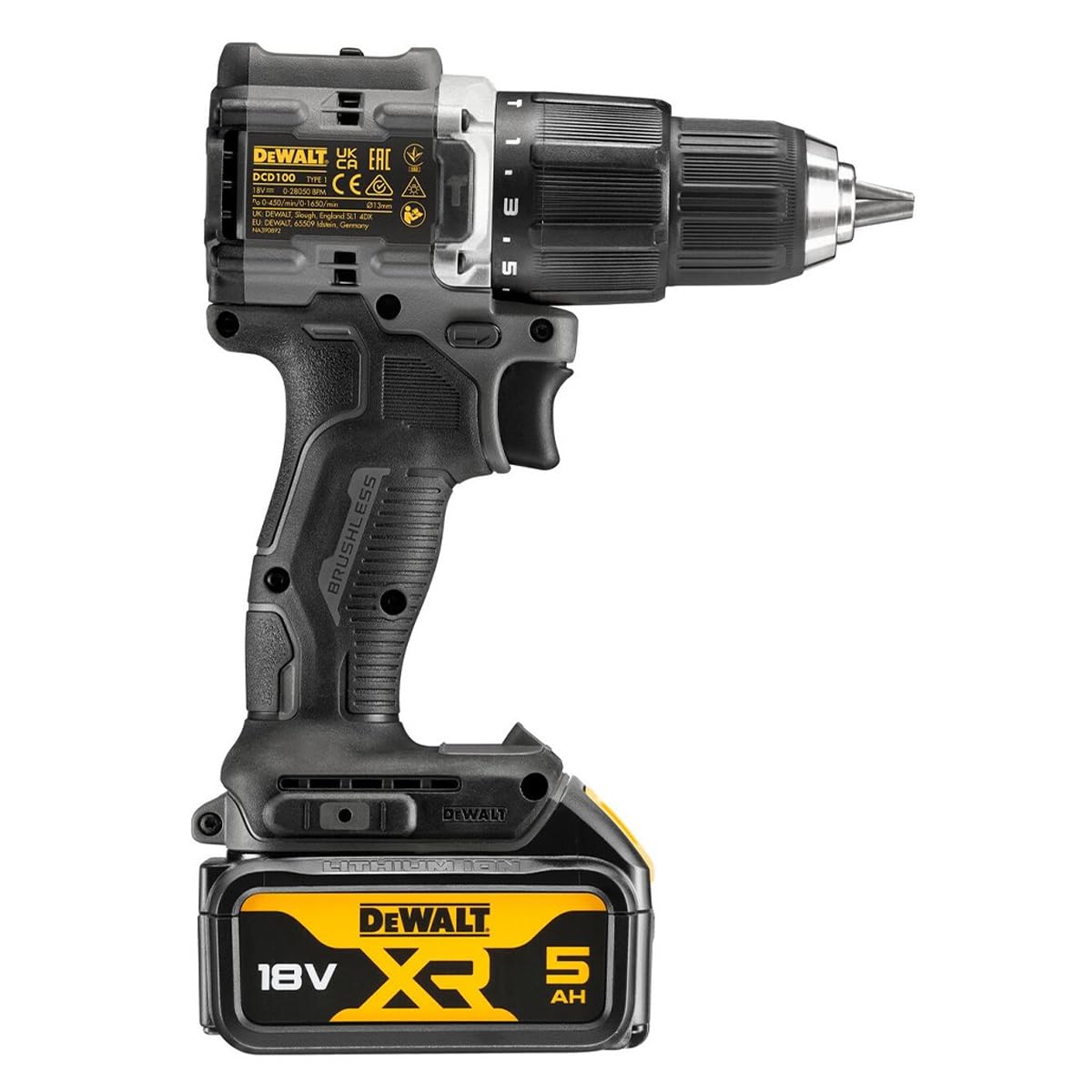 Dewalt DCD100P2T 18V XR Cordless Brushless Combi Drill with 2 x 5.0Ah Batteries, Charger & Case