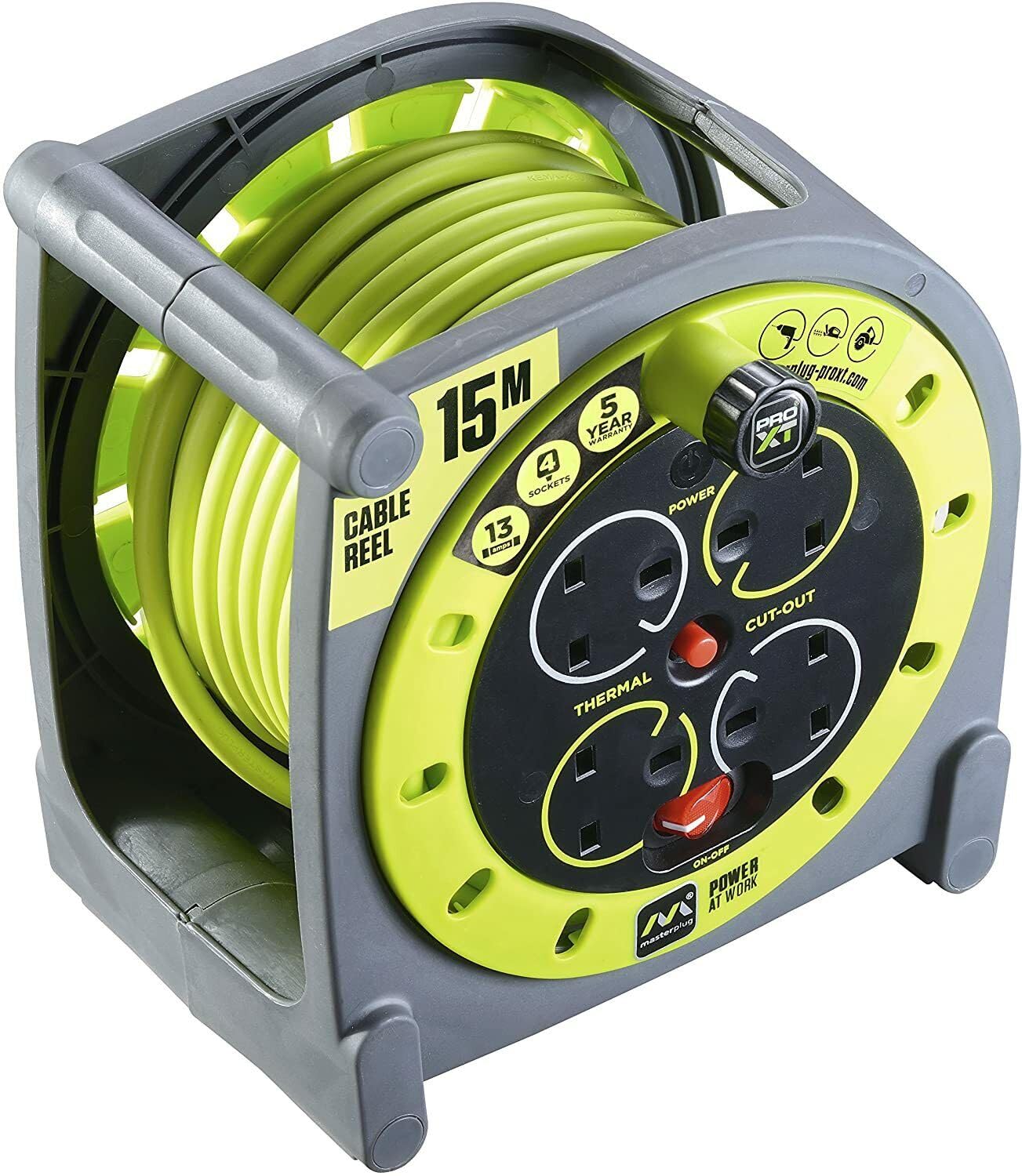Masterplug Pro-XT Four Socket Open Cable Reel Extension Lead with Winding Handle, Thermal Cut Out and Power Switch, 15 Metres High Visibility Cable, Green