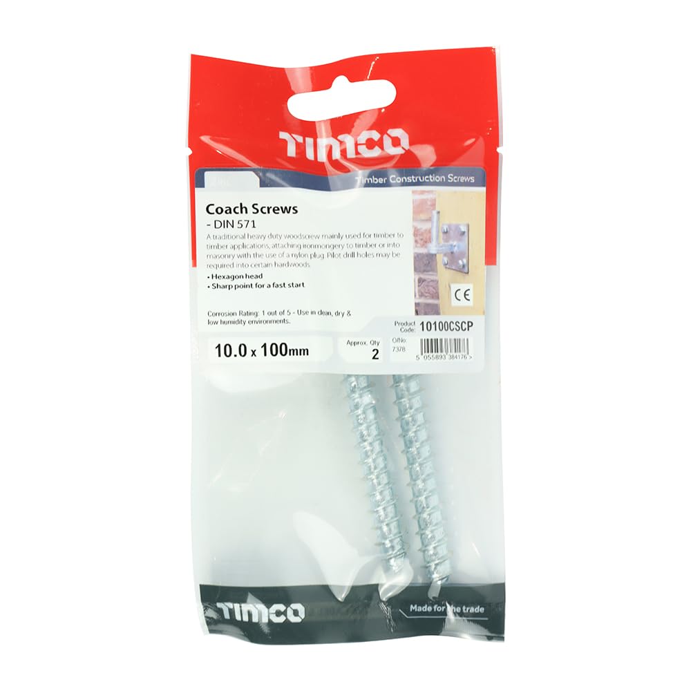 Timco - Coach Screws - Hex - Zinc (Size 10.0 x 100-2 Pieces)