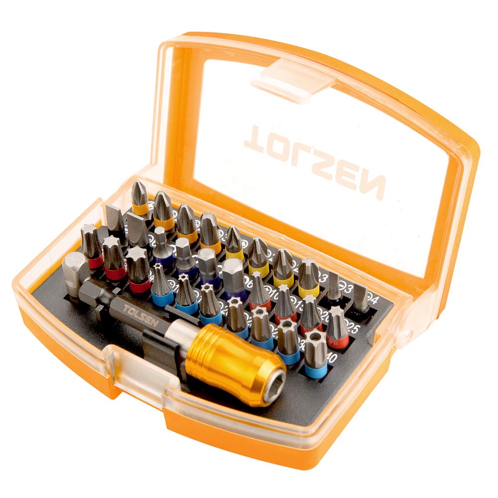 Tolsen 32 Piece Screwdriver Bit Set - Color Coded PZ, PH, Slotted, Hex & Torx - Magnetic Holder & Carrier Case Included