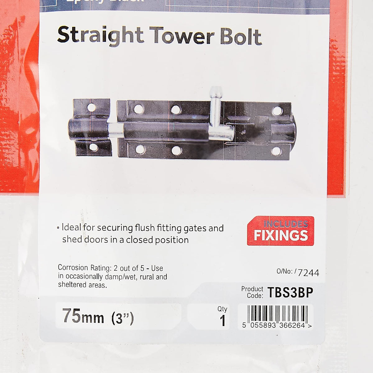 TIMCO Straight Tower Bolt - Black - 3" - Great for securing Flush Fitting Gates and shed Doors in a Closed Position, Adding Increased Security - One Bolt in a Pack and fixings Included.