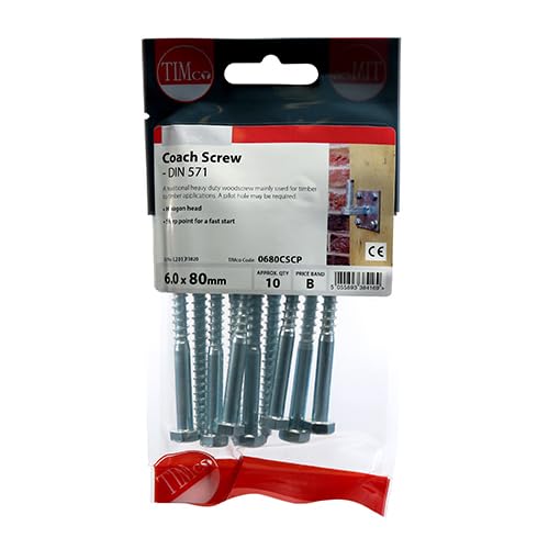 Pack of 10 6.0 x 80 Coach Screws - Hex - Zinc