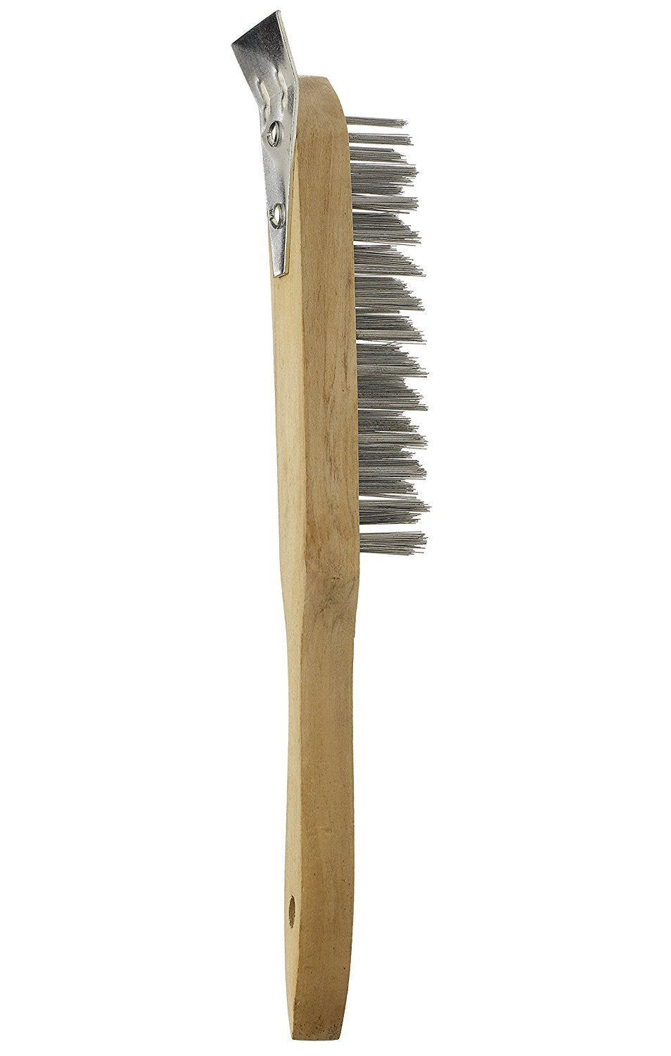 HARD WIRE BRUSH. HARD WOOD. METAL BRISTLES. SCRAPER. HANG HOLE. 4 ROW. SCRATCH.