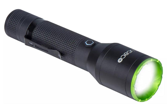 Handyfix Luceco LED Tactical Flashlight, Black with Green Trim, High-Power Torch