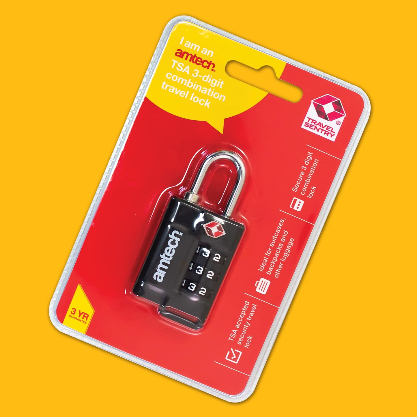 Amtech T1130 TSA-Approved Combination Travel Padlock, 3 Digit Combination Suitcase Lock, Travel Luggage Lock for Suitcases, Travel Bags, Backpacks, Lockers, Gym, Bike Locks, (Black)