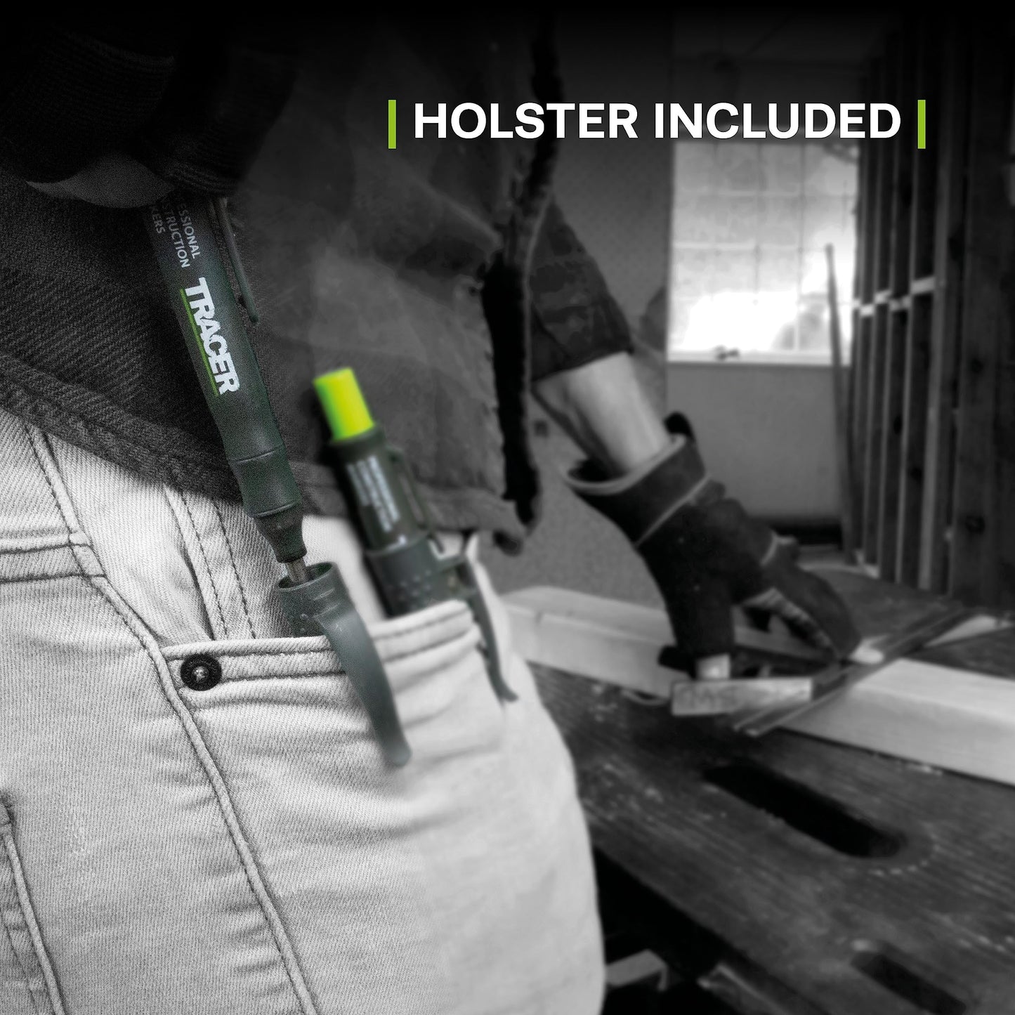 TRACER Deep Hole Construction Pencil with 6x Replacement Lead Pack and accompanying Site Holsters all-in-one Marking Kit