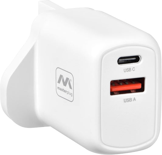 Masterplug Super-Fast USB Charging Plug with USB A and USB C Charging Ports, for Mobiles and Tablets, 30 Watts, White
