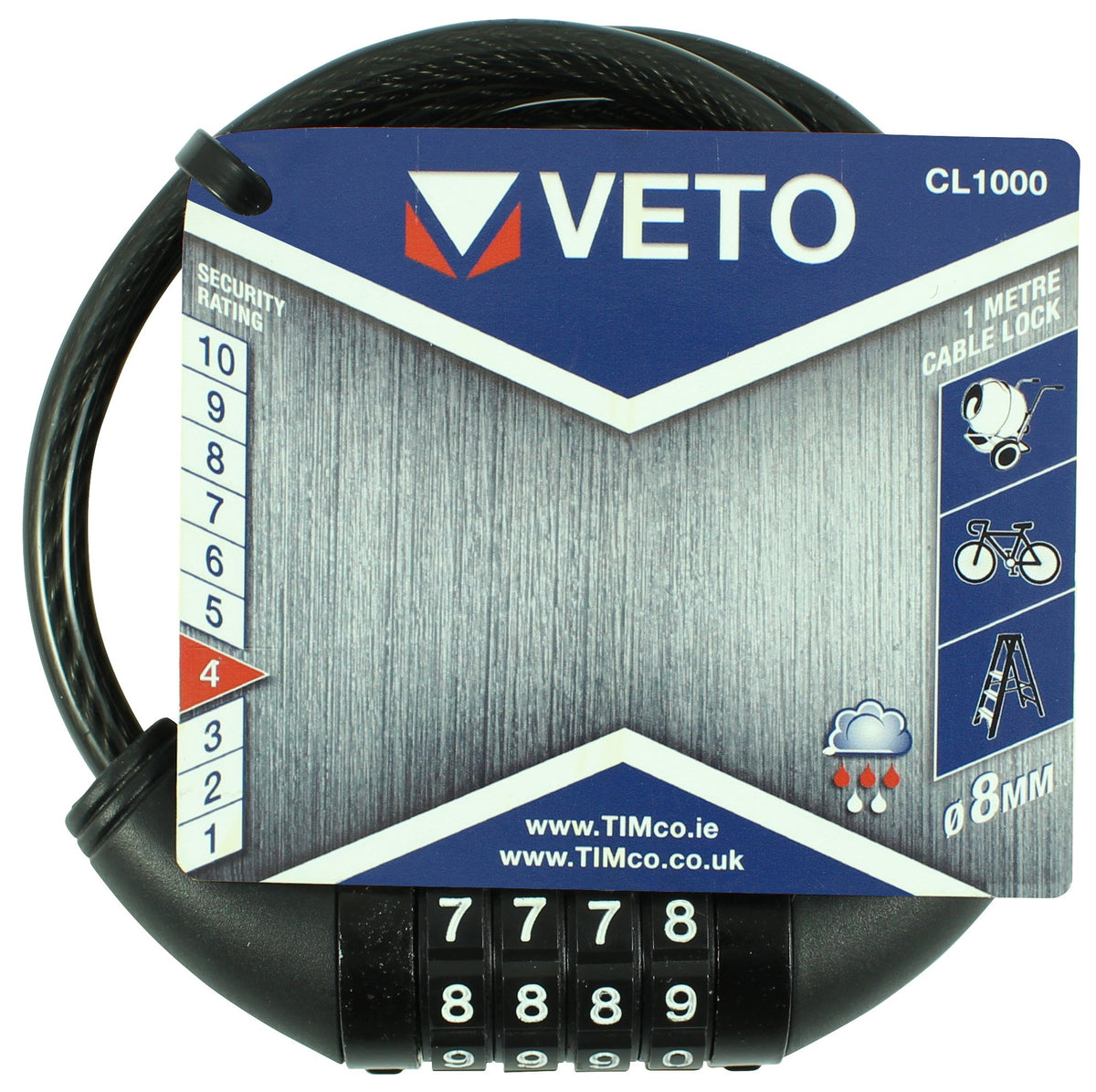 TIMCO Steel Braided Combination Cable Lock - 8mm x 1m