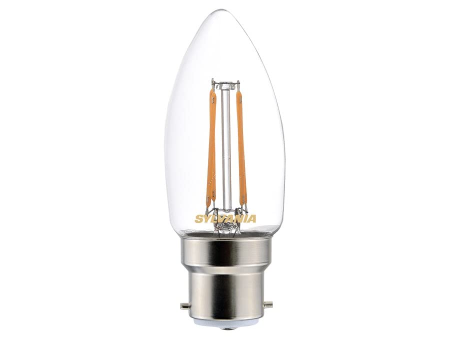 SYLVANIA LED Light Bulb, Clear Filament Finish, Candle Shape, B22 Cap, 40W Equivalent Wattage, 470 Lumens, Warm White Colour (2700K), Non Dimmable. for All Rooms and Commercial Applications