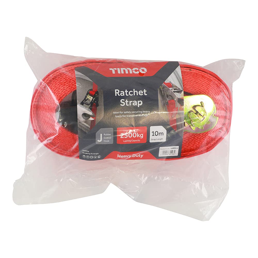 TIMCO Ratchet Strap - J Hook - Heavy Duty - 10m x 50mm - Red