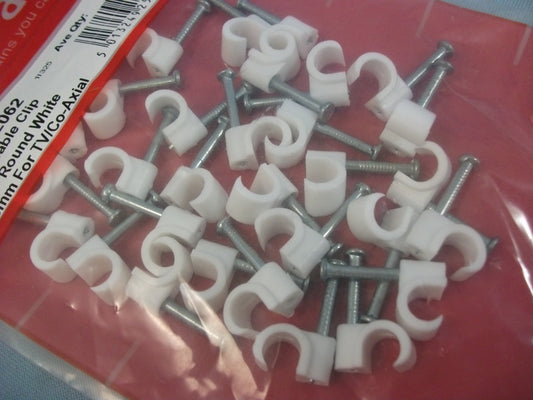 Pack of Cable clips, Round white plastic 6mm, ideal for TV/Co-Axial Cable, Starpack hardware 72062