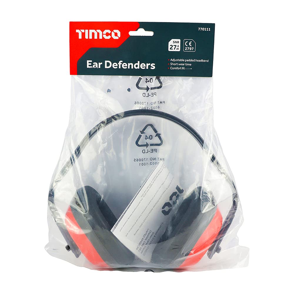 TIMCO Ear Defenders - Adjustable ear cups for comfort - 27.6dB - Red - One Size