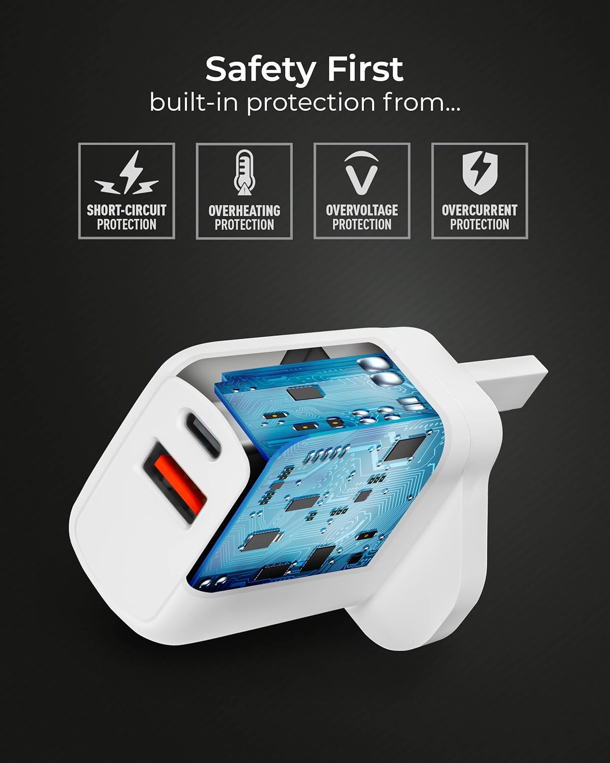 Masterplug Super-Fast USB Charging Plug with USB A and USB C Charging Ports, for Mobiles and Tablets, 30 Watts, White