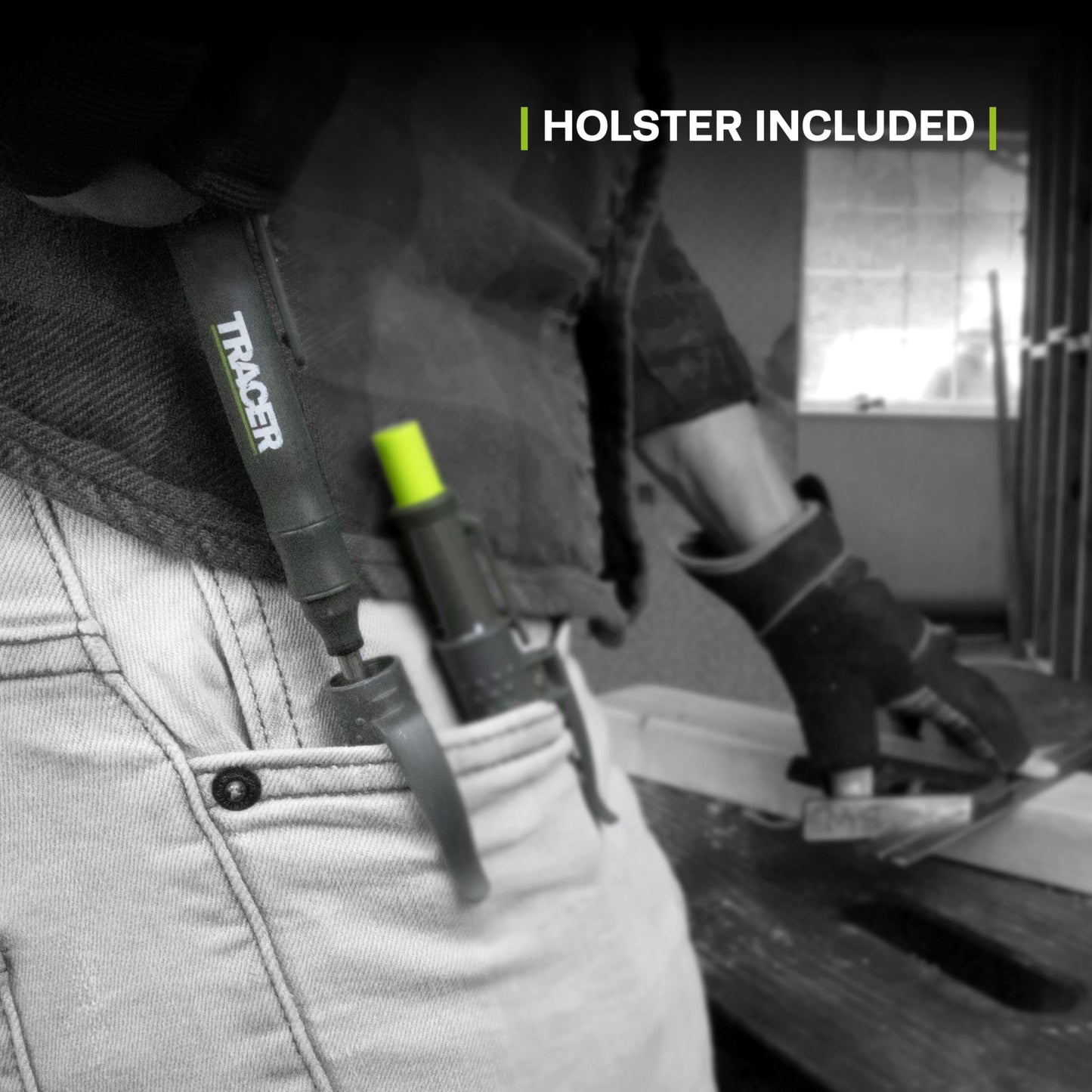 TRACER Deep Hole Construction Pencil with TRACER Site Holster (120mm, Extendable 2B Construction Pencil with Inbuilt Sharpener)
