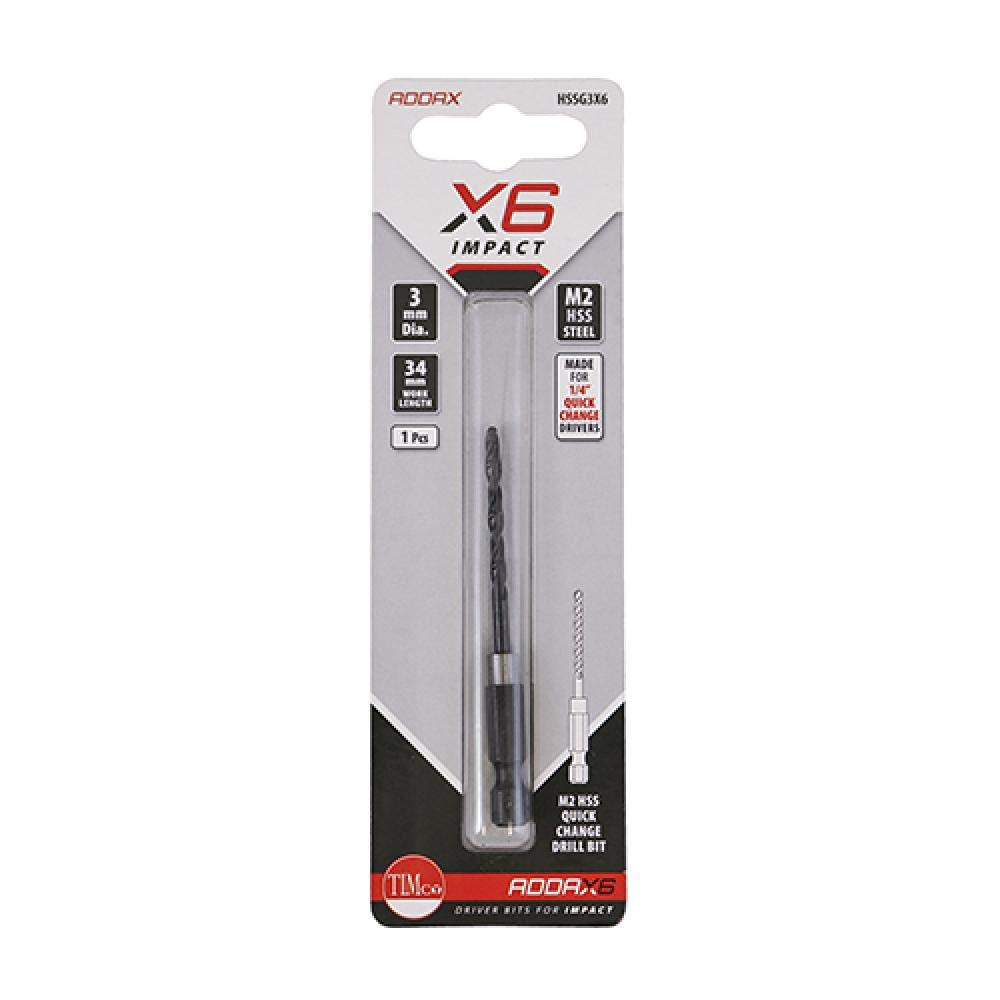 PACK OF 1 x TIMCO ADDAX (X6) IMPACT QUICK CHANGE DRILL BIT 1/4" DRIVER 3mm HSS STEEL