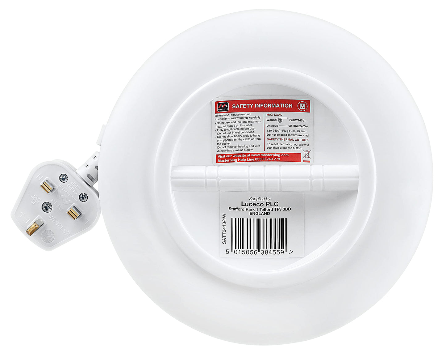 Masterplug Four Socket Slimline Cassette Reel Extension Lead, 4 Metres, White