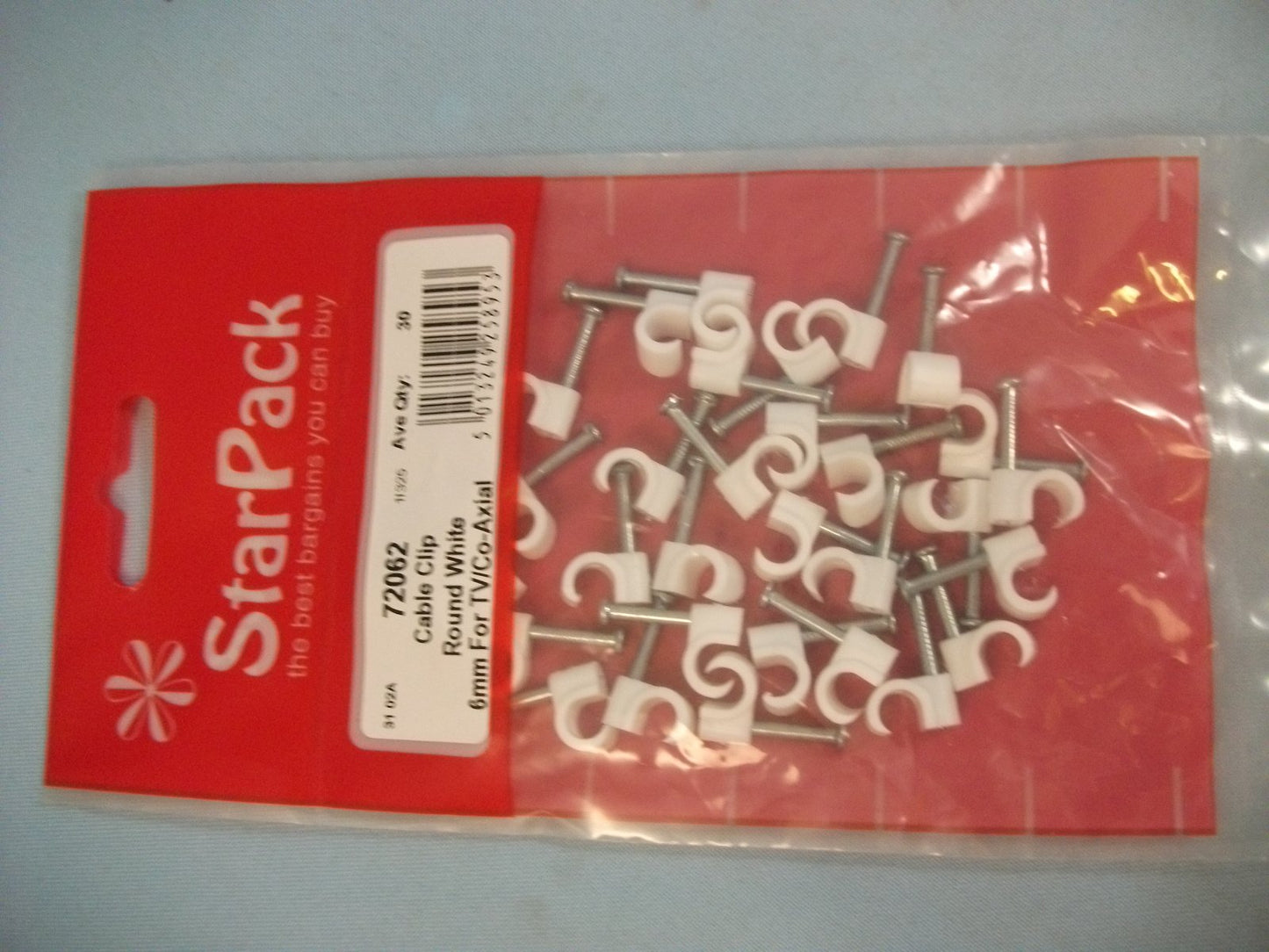 Pack of Cable clips, Round white plastic 6mm, ideal for TV/Co-Axial Cable, Starpack hardware 72062