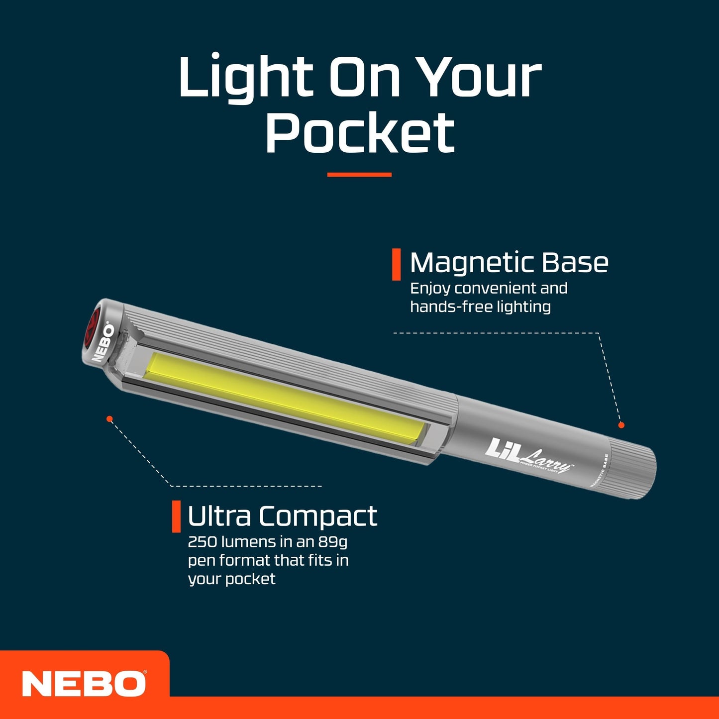 NEBO Lil Larry - 250 Lumen Torch with COB Work Light - Pocket Clip Magnetic Base for Hands-Free Lighting - Portable COB LED Flashlight - Hazard Light-Red