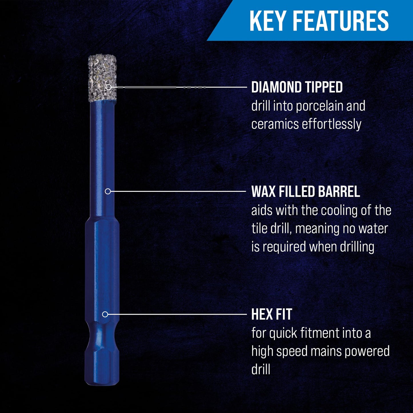 Mexco Wax filled Diamond Tile Drill Bit with Hex Fit for Drilling Porcelain, Ceramic, Stone – 7mm