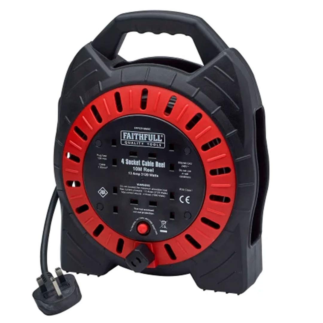 Faithfull FPPCR10MSE Enclose Cable Reel 10M 13Amp 240V 4 sockets, Red/Black