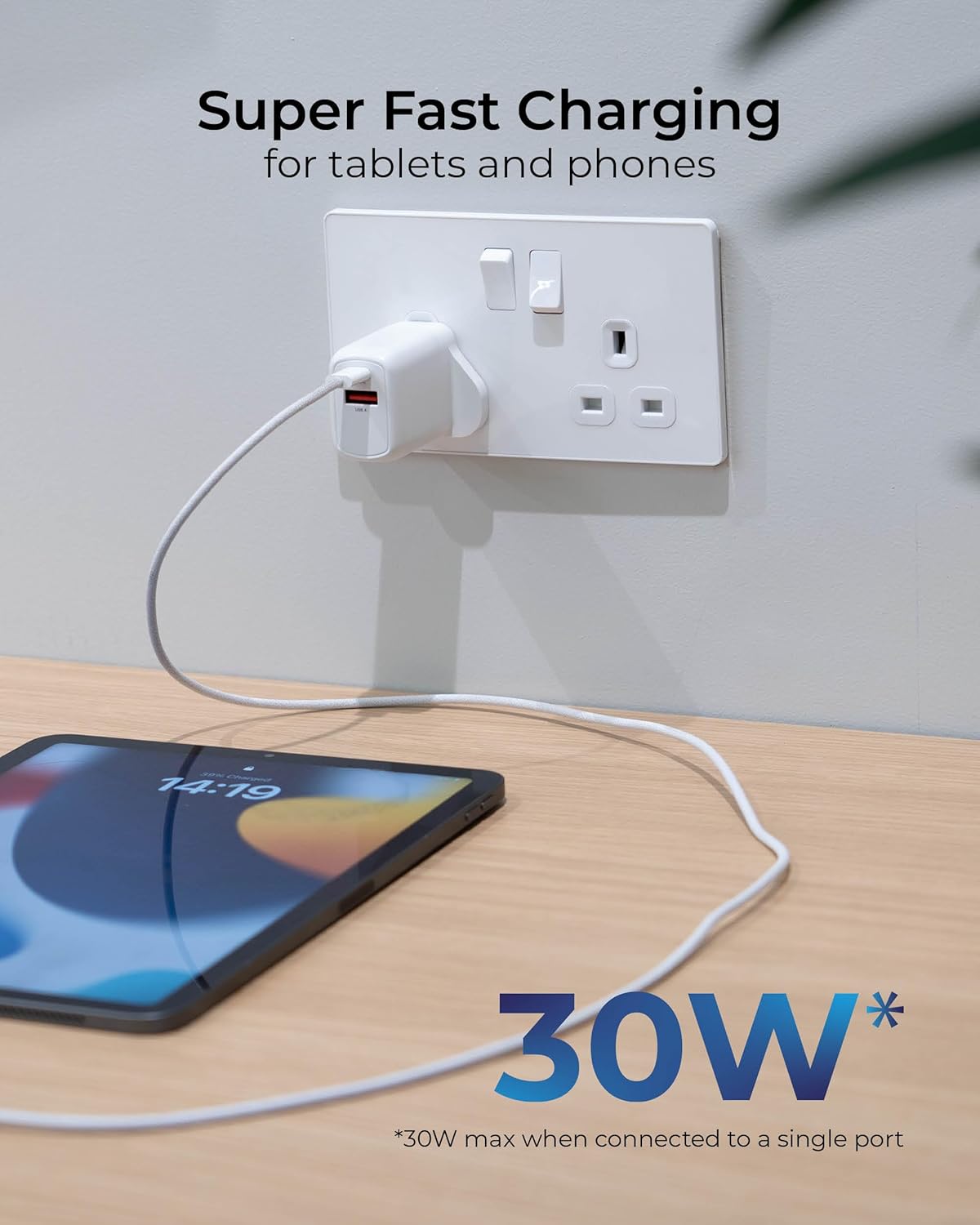 Masterplug Super-Fast USB Charging Plug with USB A and USB C Charging Ports, for Mobiles and Tablets, 30 Watts, White