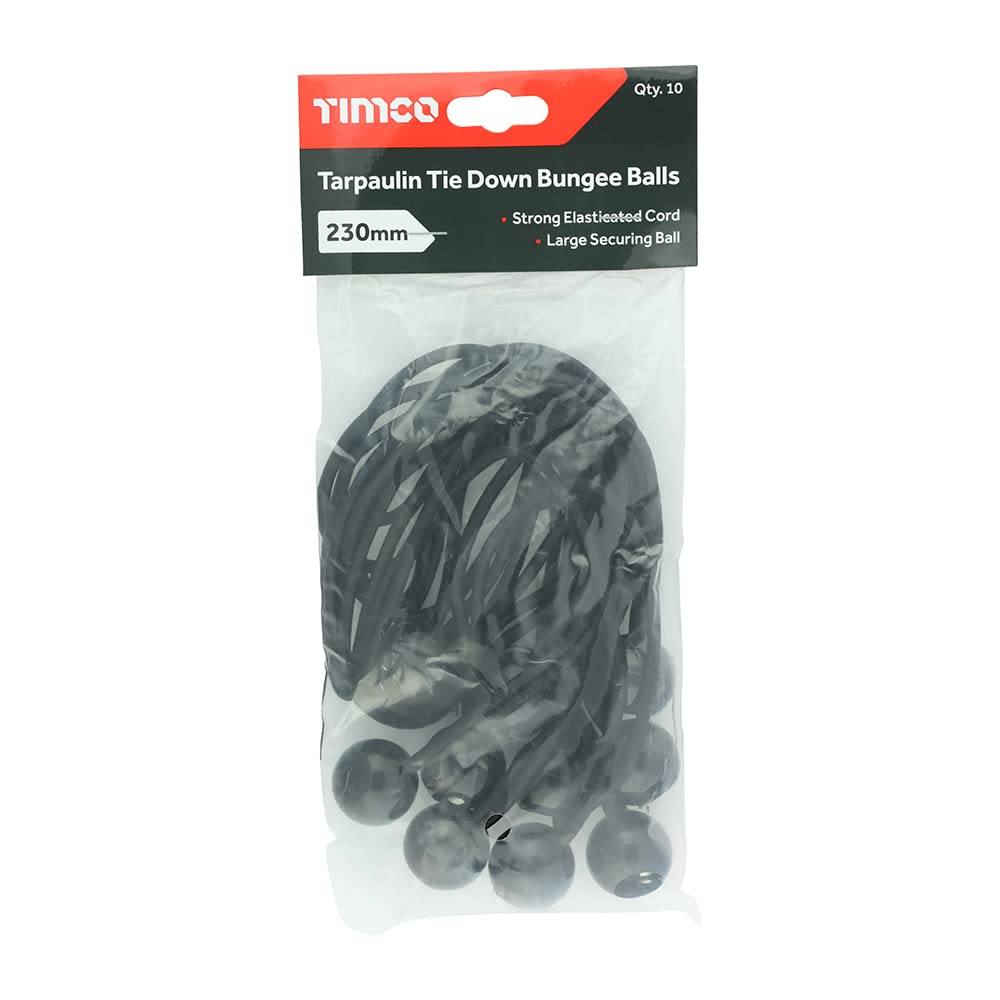 TIMCO Tarpaulin Tie Down Bungee Balls - Secure Tarpaulin Easily and Effectively - Strong Elasticated Cord - 10 Bungee Balls in a Pack - 250mm - Black