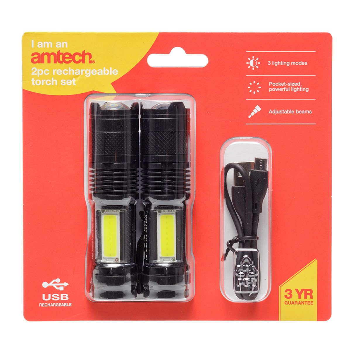 Amtech - Mini Torch Set for Camping, Hiking, Car Repairs, Everyday Use, and More, Adjustable Brightness with 3 Lighting Modes, Rechargeable, Portable with Metal Clip