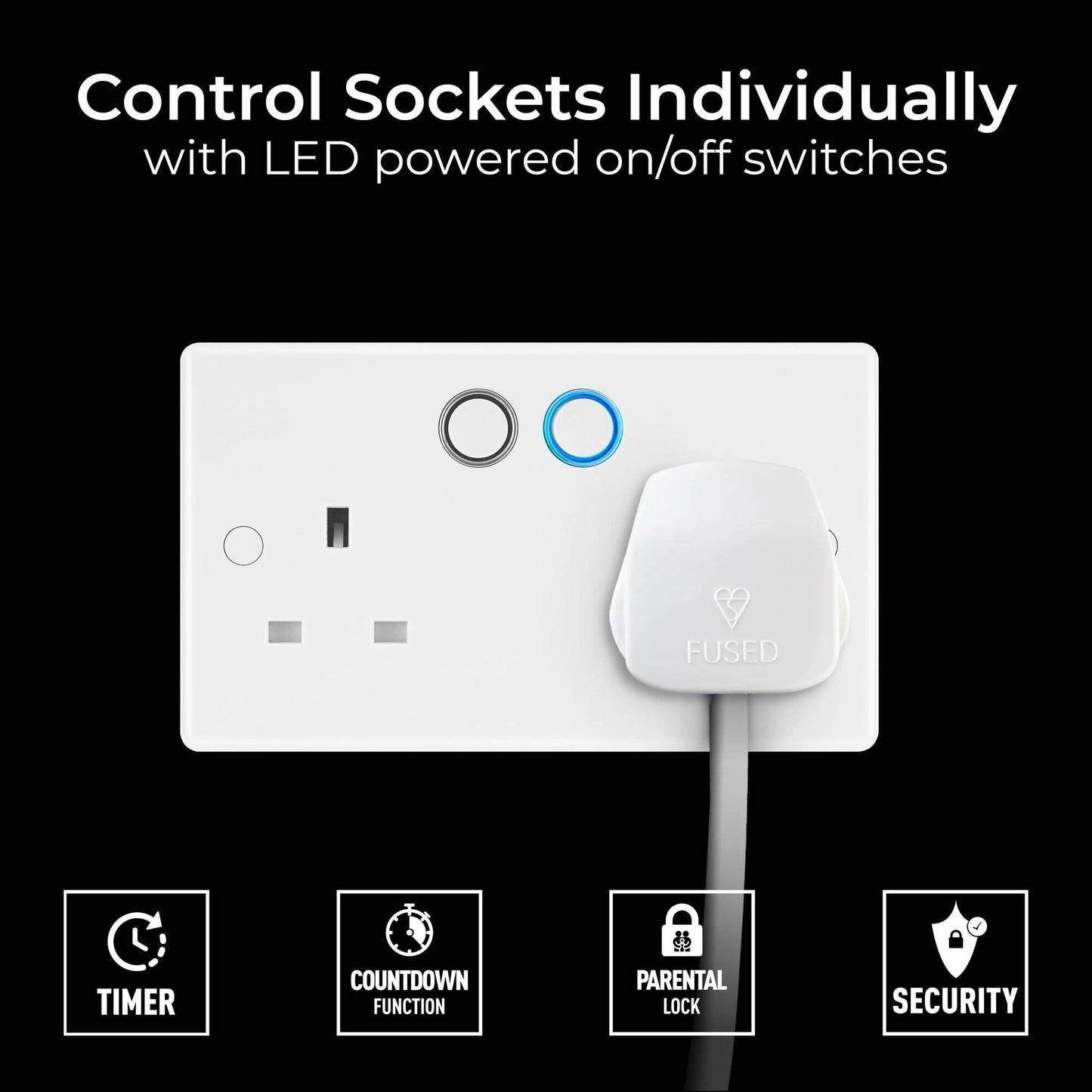 BG Electrical Double Switched Power Wall Plug Socket with Smart Home Control, Touch, Voice or App Control, Timer Function, Security Options, Round Edge, Nexus 800 Series, White Moulded, 13A, 822/HC