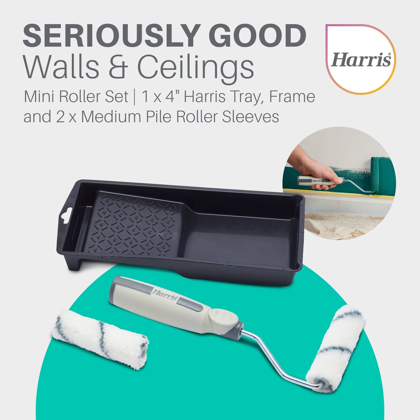 Harris 102012205 Seriously Good Walls & Ceilings Mini-Set 10,2 cm, Tablett, 1 x 4 Rahmen, 2 x 4 mittelgroße Florrollenhülsen