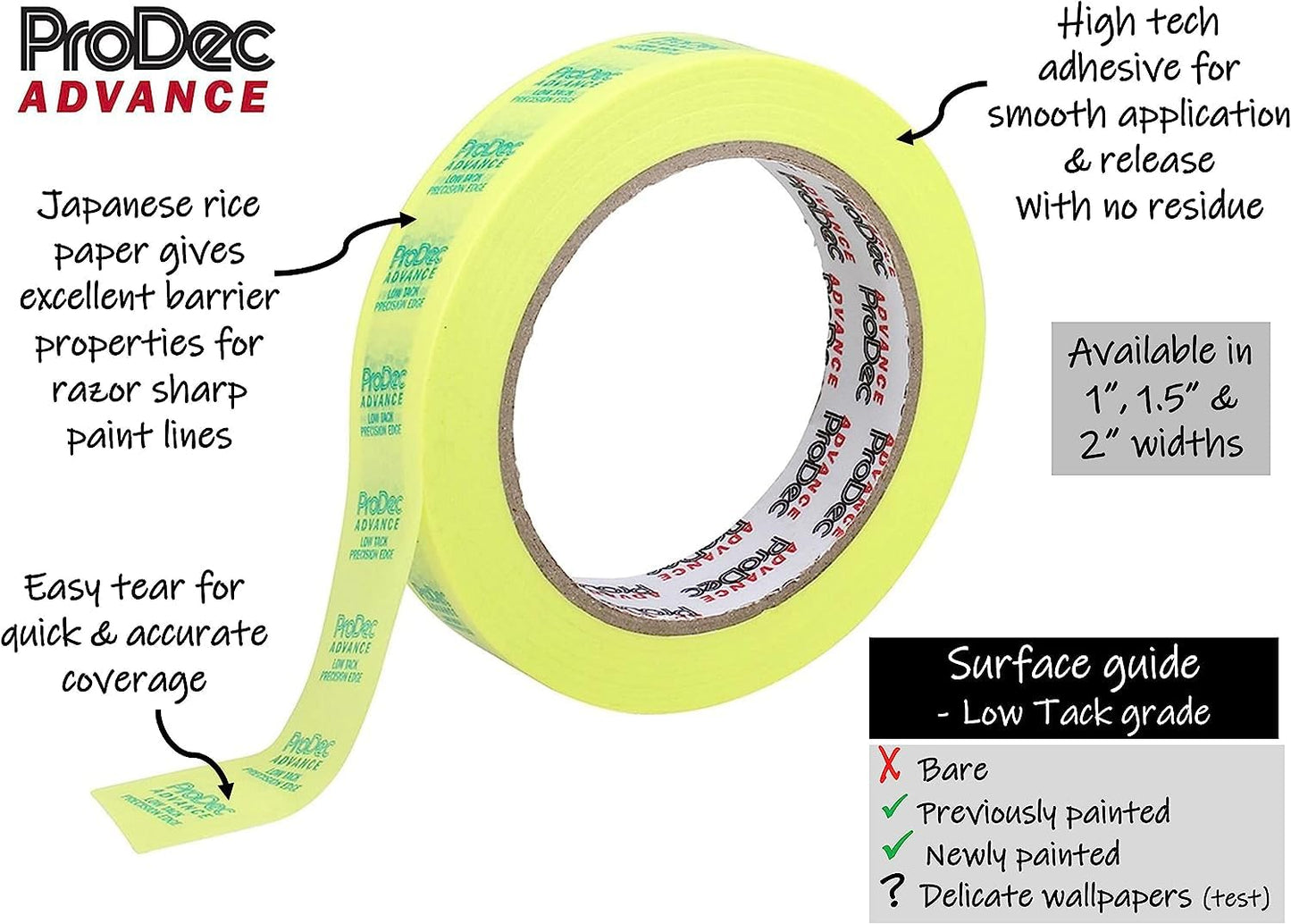 ProDec Advance 24mm (1 inch) x 50m + 50% FREE Low Tack Precision Edge Multi Surface Masking Tape, Razor Sharp Lines with No Paint Bleed, Indoor Painting & Decorating Compatible with All Paints, 1"