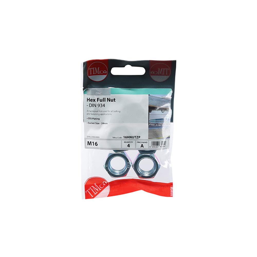TIMco 10HNUTZP DIN 934 BZP Hex Nut - Silver (Box of 20)