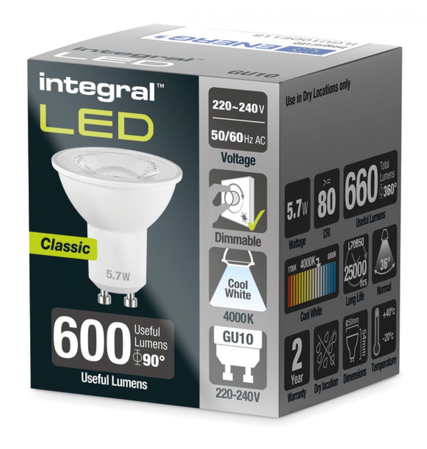 Integral ILGU10DE118 5.7w GU10 LED spot Bulb, 4000k, dimmable, 36° Beam, 660lm =75w