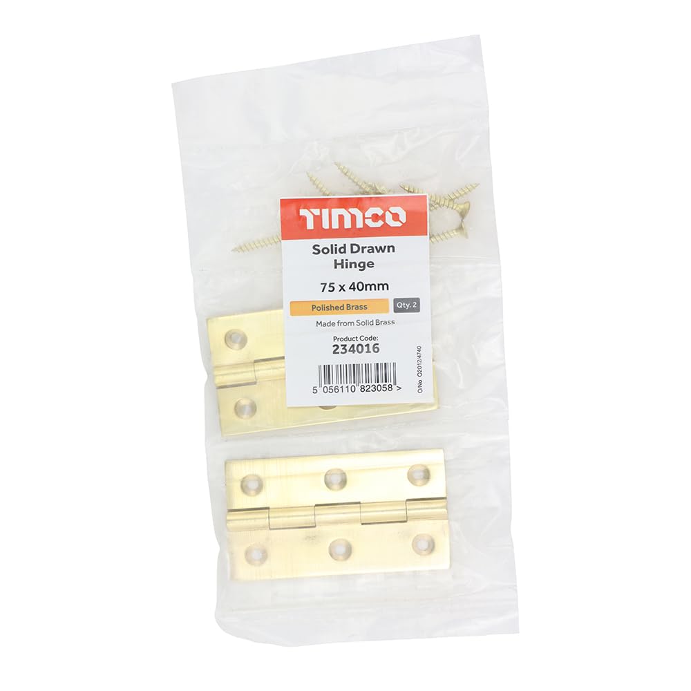 Timco - Solid Drawn Hinge - Solid Brass - Polished Brass (Size 75 x 40-2 Pieces)