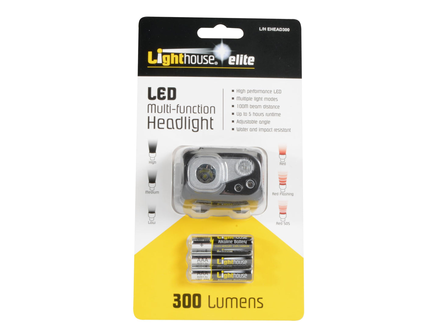 Lighthouse Torches L/HEHEAD300 Elite LED Multifunction Headlight - 3xAAA - 300Lm , Red