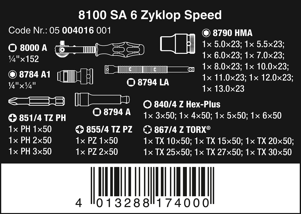 Wera 8100 SA 6 Zyklop Speed 1/4" Multi-function Ratchet & Socket Set, Metric, 28pc, 05004016001