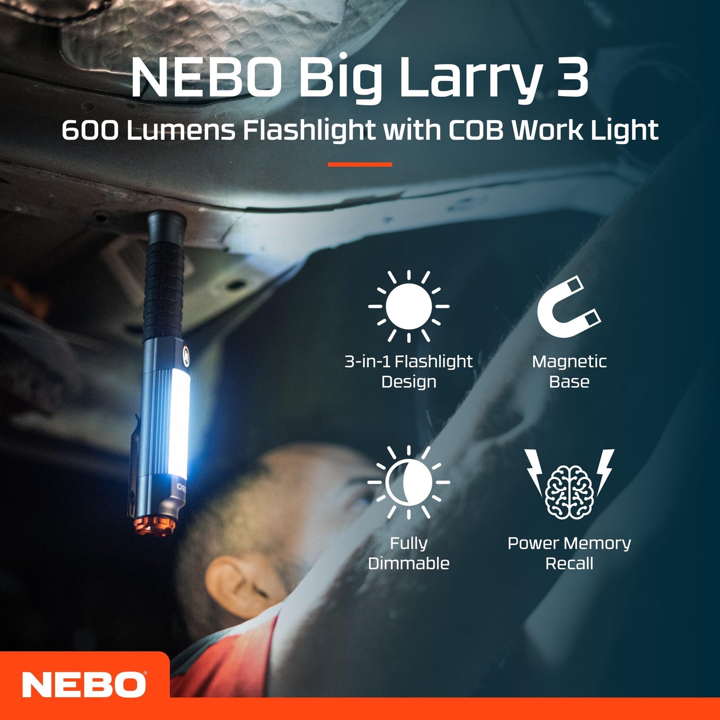 NEBO Big Larry 3-600 Lumen Torch with COB Work Light - Pocket Clip Magnetic Base for Hands-Free Lighting - Portable COB LED Dimmable Flashlight - Hazard Light-Red