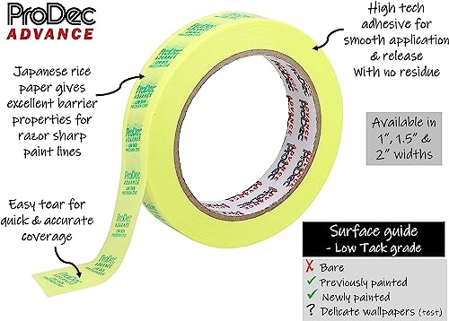 ProDec Advance 36mm (1.5 inch) x 50m + 50% FREE Low Tack Precision Edge Multi Surface Masking Tape, Razor Sharp Lines with No Paint Bleed, Indoor Painting & Decorating Compatible with All Paints, 1.5"