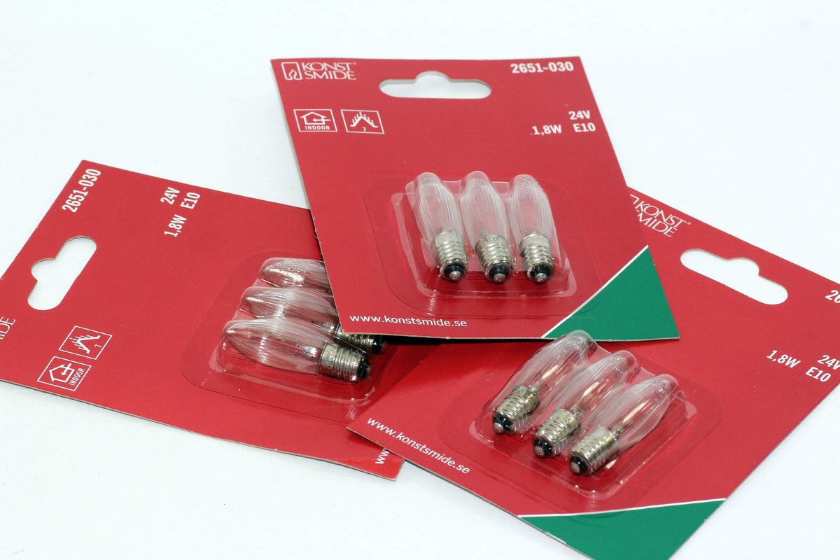TheOneStopSatShop 9 Pack of KonstsmIde 24V, 1.8W, E10, MES Spare Welcome Candle Bridge Bulbs