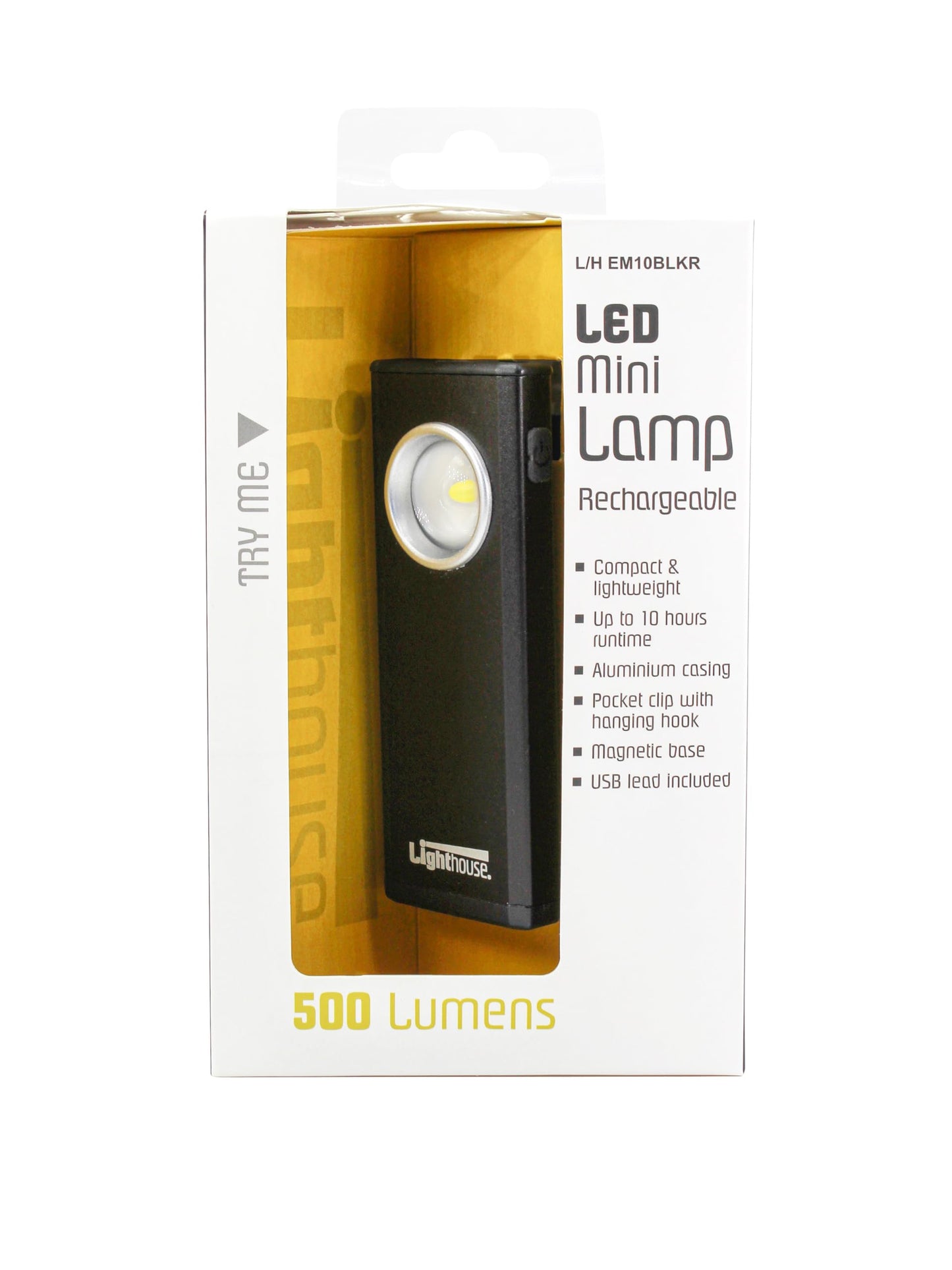 Lighthouse Torches L/HEM10BLKR Rechargable LED Mini Lamp 500Lm with up to 10 hr Run time, Black