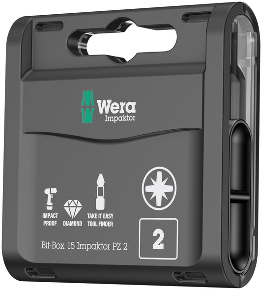 Wera Bit-Box 15 Impaktor PZ2 TriTorsion Impact bits, anti cam-out Pozi 2x25mm, 15pc pack, 05057763001(use with 897 4 IMP Holder), Black
