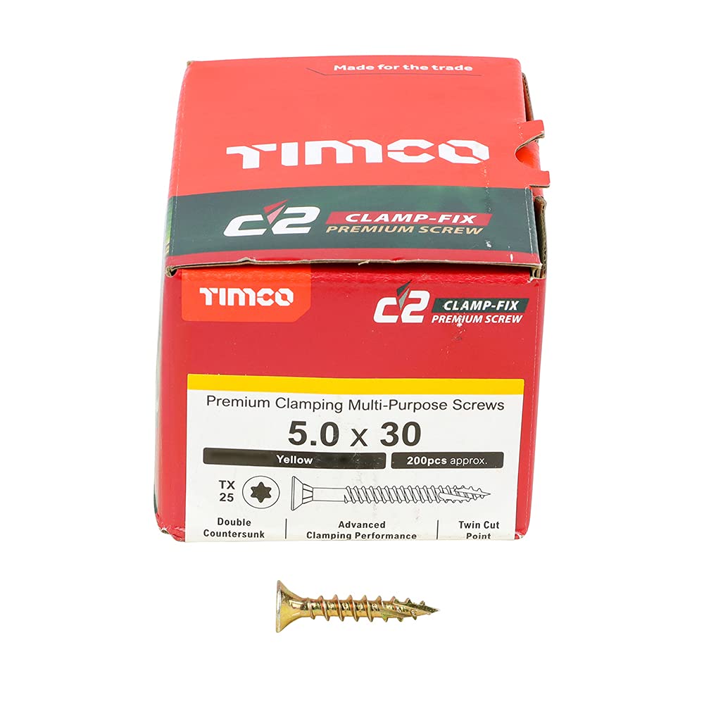 TIMCO C2 Clamp-Fix Multi-Purpose Premium Screws - TX - Double Countersunk - Yellow - 5.0 x 30 - Box of 200