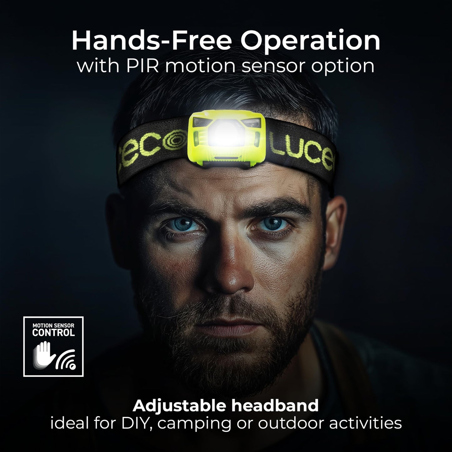 Luceco LED Inspection Head Torch with USB and PIR Motion Sensor, 5 Light Modes, Adjustable, Rechargeable, Inspection Lights, High-Vis, IK04, 3W, 150lm, 6500K, LILH15P65
