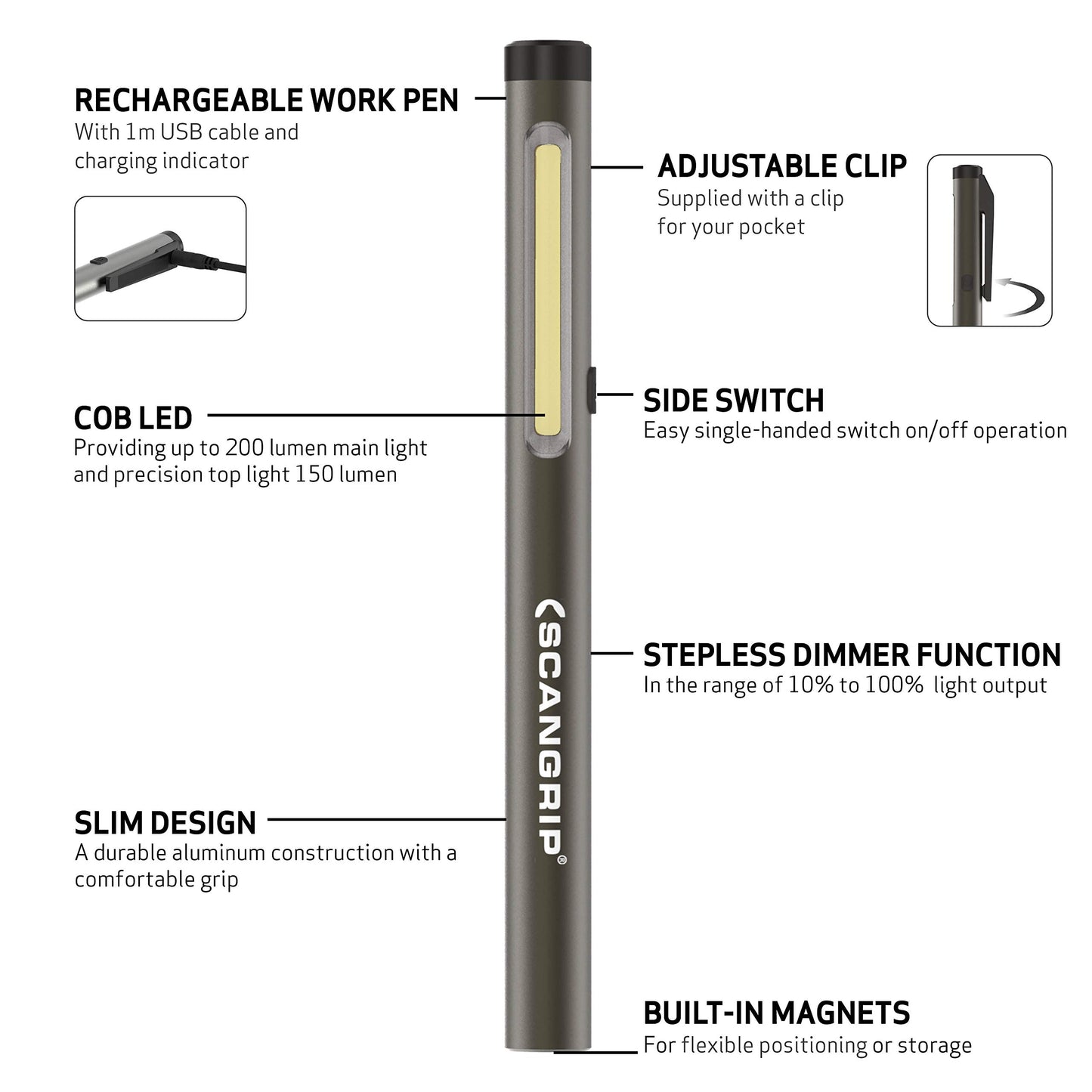 Scangrip 200 R Rechargeable LED Work Pen Light