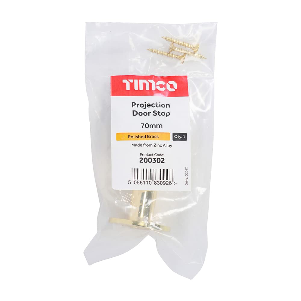 TIMCO Projection Door Stop - Polished Brass - Can be Fitted to Walls and skirting Boards - Prevents Damage from Handles - Protective Rubber Buffer tip