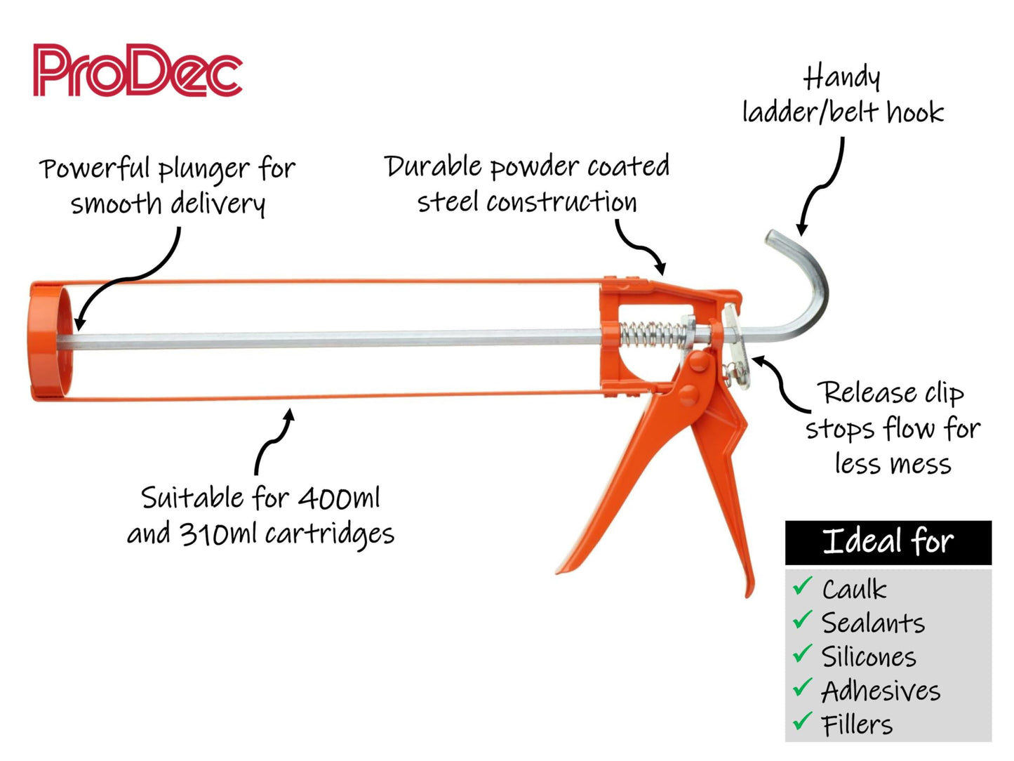 ProDec Skeleton Caulking Gun for Applying 400ml and 310ml Cartridge Caulks, Sealants, Silicones, Adhesives