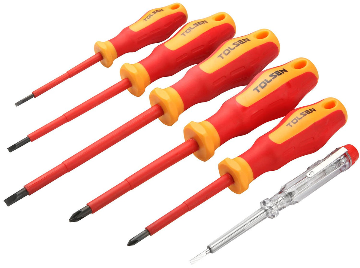Tolsen 6PCS VDE Electricians Top Selling Screwdrivers Set ★ Certified VDE 1000v ★ NEW Improved Ergonomic Design ★ Flat 3*75, Flat 4*100, Flat 5.5*100, Phillips 1*80, Phillips 2*100, Phillips 3*140mm
