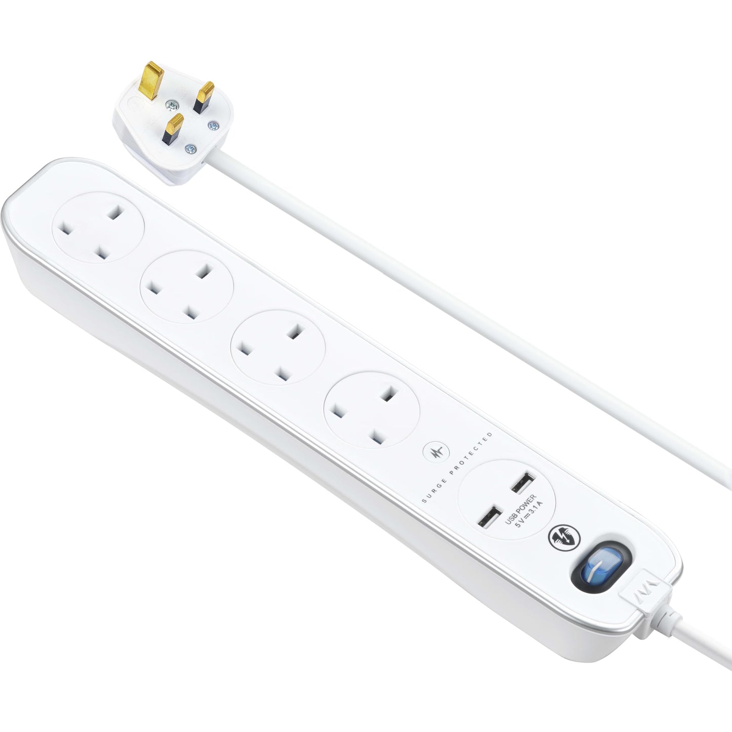 Masterplug SRGLSU42PW 4 Gang 2m Surge Protected with 2 x USB Sockets in White